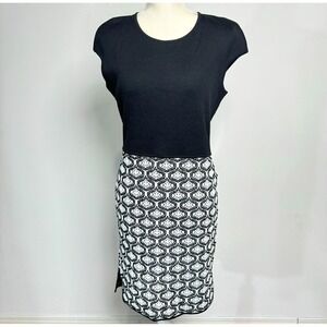ST JOHN Black White Geometric Knit Sheath Dress Cap Sleeve Midi‎ USA Size 6
